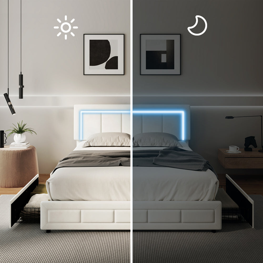 Oikiture LED Bed Frame Queen Size 4 Drawers Adjustable Headboard Beige-Bed Frame-PEROZ Accessories