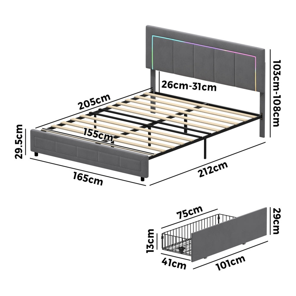 Oikiture LED Bed Frame Queen Size 4 Drawers Adjustable Head Velvet-Bed Frame-PEROZ Accessories