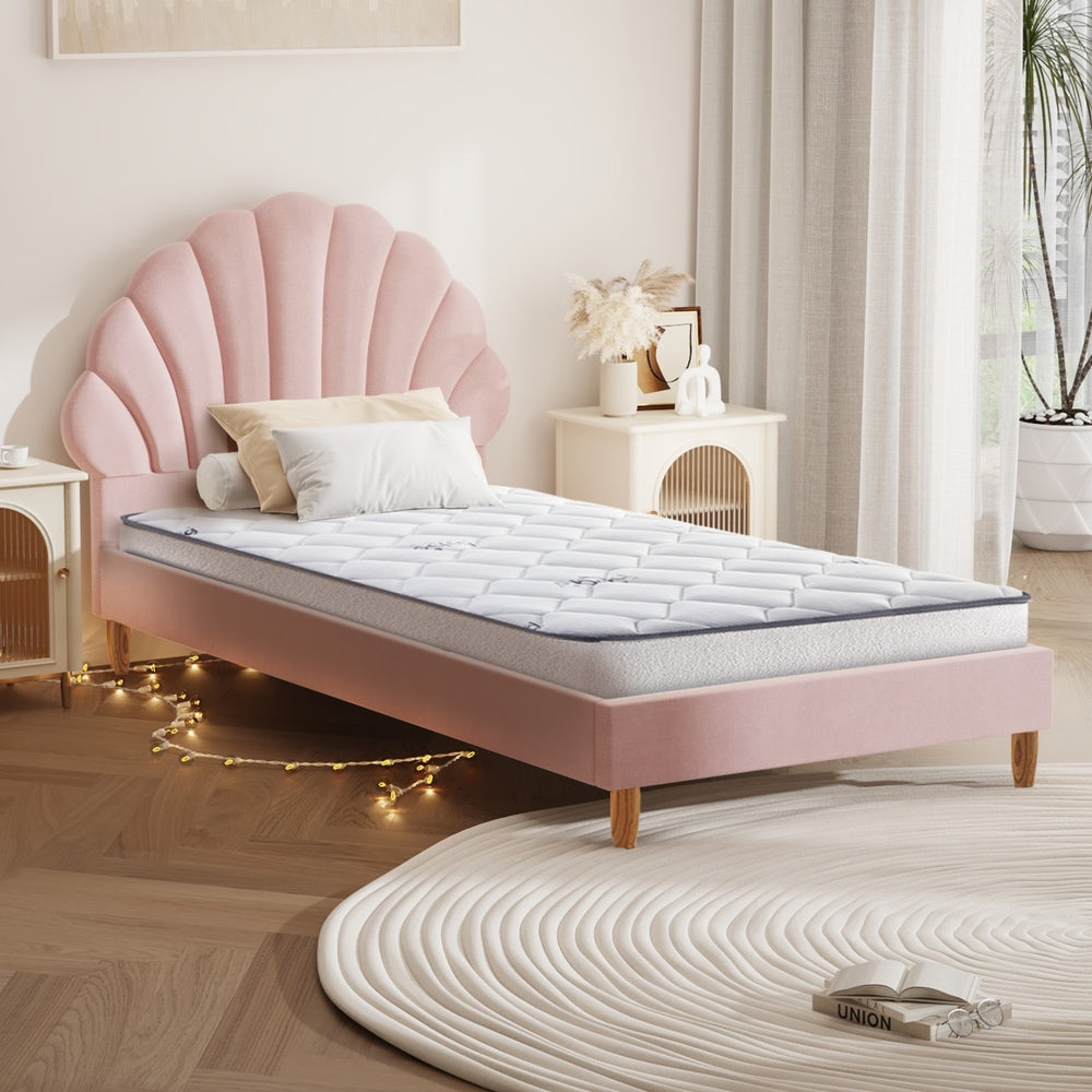 Oikiture Bed Frame with Mattress Single Size Pink Velvet-Bed Frame-PEROZ Accessories