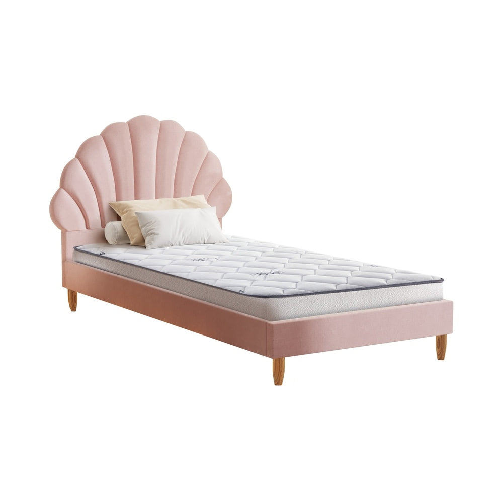 Oikiture Bed Frame with Mattress Single Size Pink Velvet-Bed Frame-PEROZ Accessories