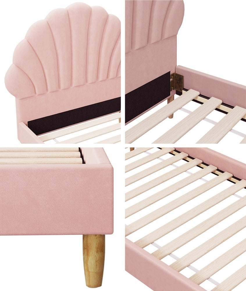 Oikiture Bed Frame with Mattress Single Size Pink Velvet-Bed Frame-PEROZ Accessories