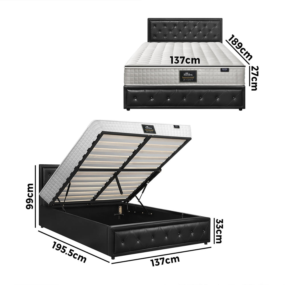 Oikiture Bed Frame with Mattress Double Size Gas Lift Black Leather-Bed Frame-PEROZ Accessories