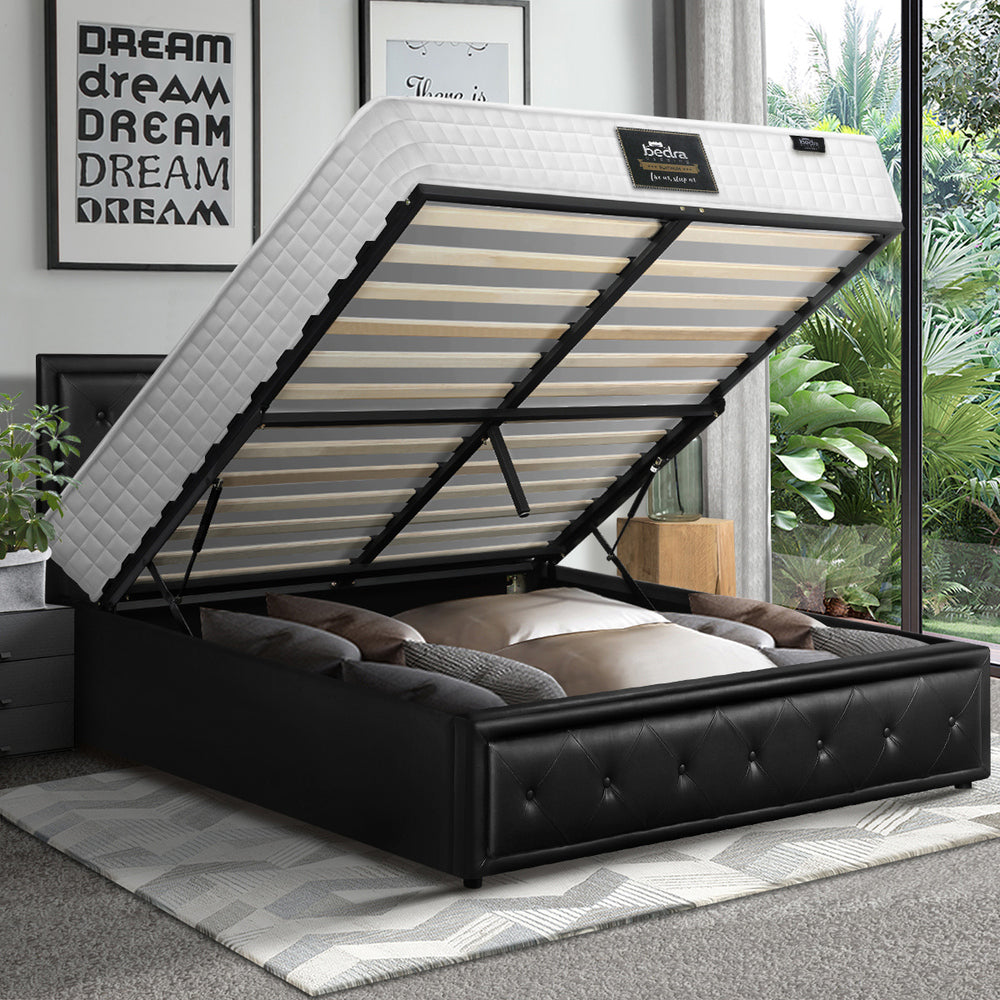 Oikiture Bed Frame with Mattress Double Size Gas Lift Black Leather-Bed Frame-PEROZ Accessories