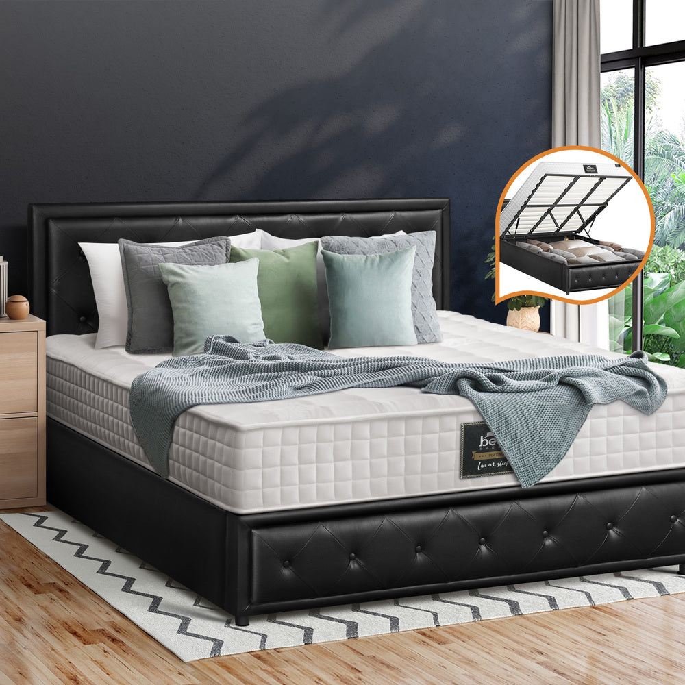 Oikiture Bed Frame with Mattress King Size Gas Lift Black Leather-Bed Frame-PEROZ Accessories