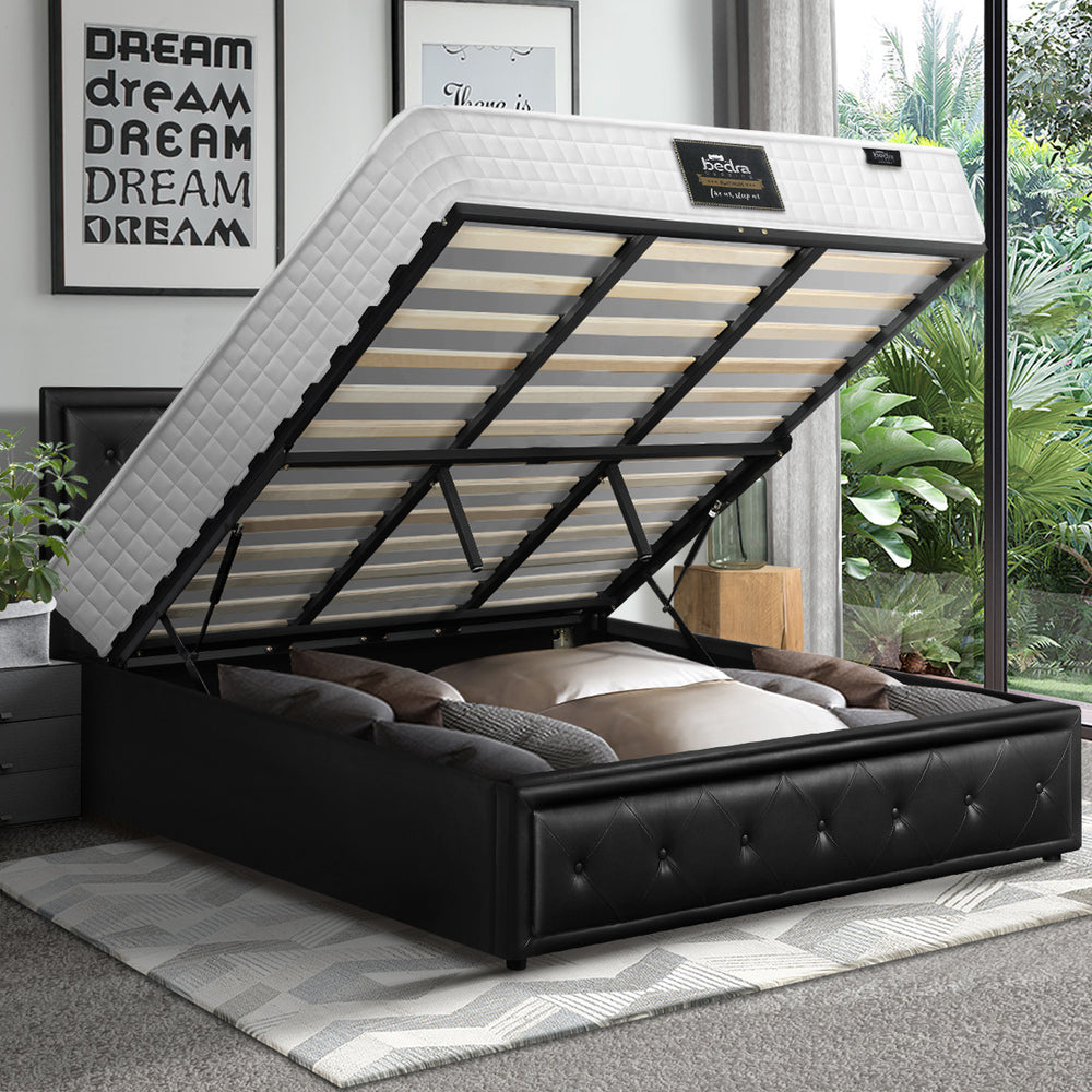 Oikiture Bed Frame with Mattress King Size Gas Lift Black Leather-Bed Frame-PEROZ Accessories