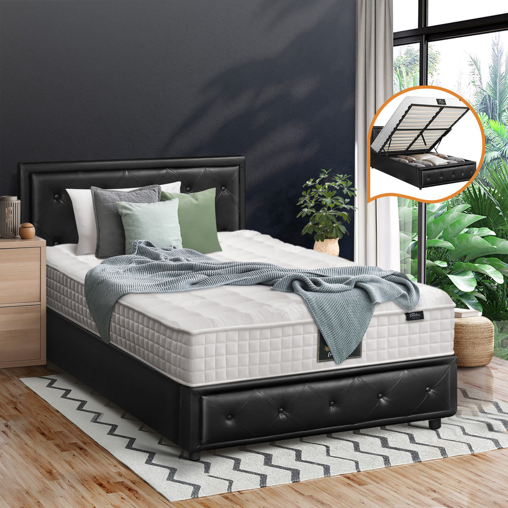 Oikiture Bed Frame with Mattress King Single Gas Lift Black Leather-Bed Frame-PEROZ Accessories