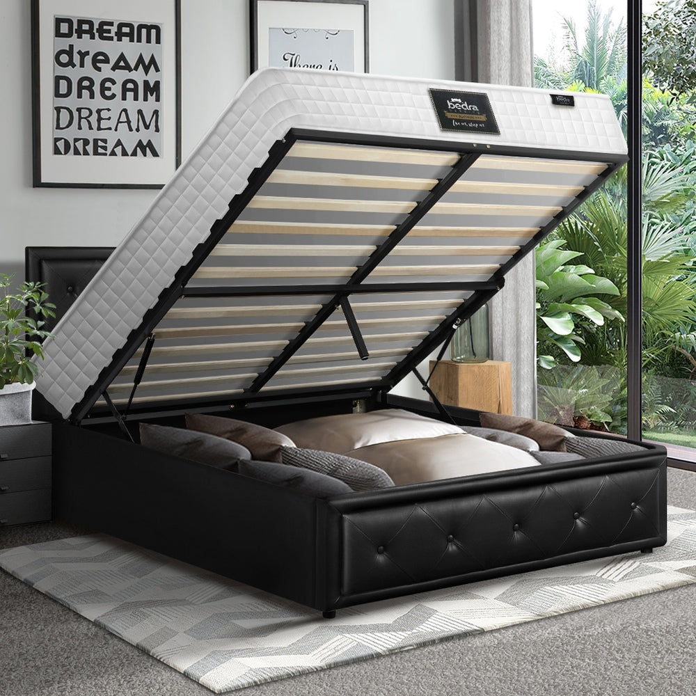 Oikiture Bed Frame with Mattress King Single Gas Lift Black Leather-Bed Frame-PEROZ Accessories