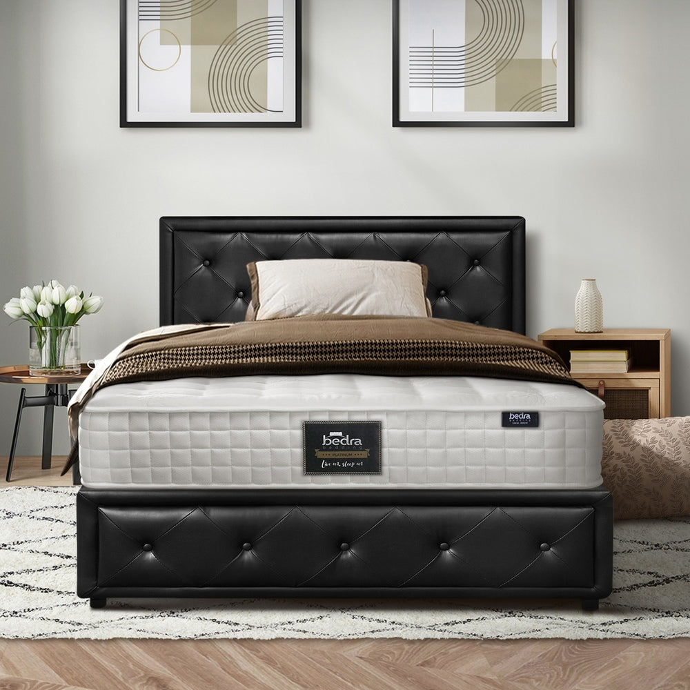 Oikiture Bed Frame with Mattress King Single Gas Lift Black Leather-Bed Frame-PEROZ Accessories