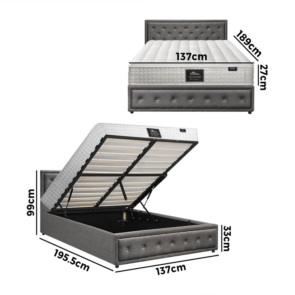 Oikiture Bed Frame with Mattress Double Size Gas Lift Grey Fabric-Bed Frame-PEROZ Accessories