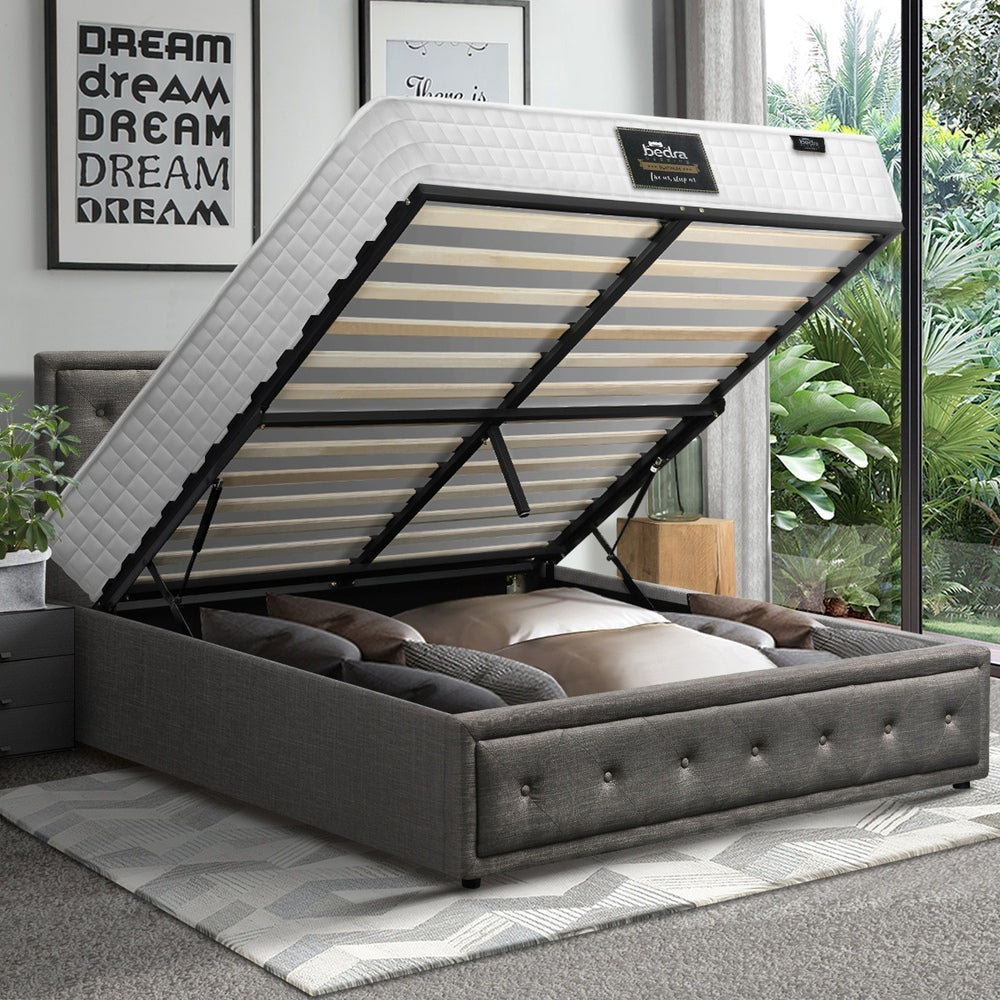 Oikiture Bed Frame with Mattress Double Size Gas Lift Grey Fabric-Bed Frame-PEROZ Accessories