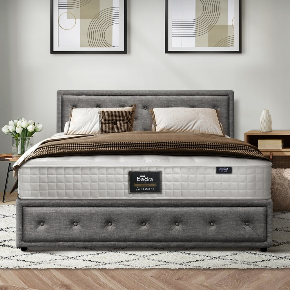 Oikiture Bed Frame with Mattress Double Size Gas Lift Grey Fabric-Bed Frame-PEROZ Accessories