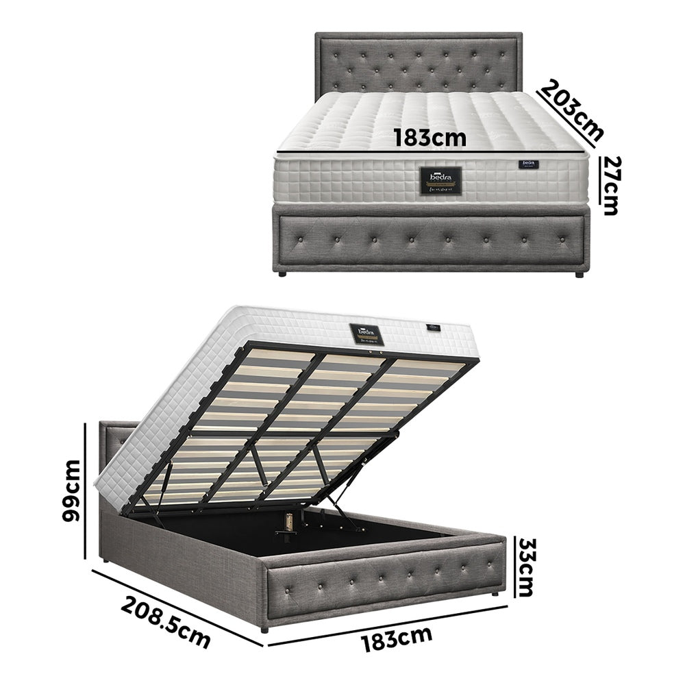 Oikiture Bed Frame with Mattress King Size Gas Lift Grey Fabric-Bed Frame-PEROZ Accessories