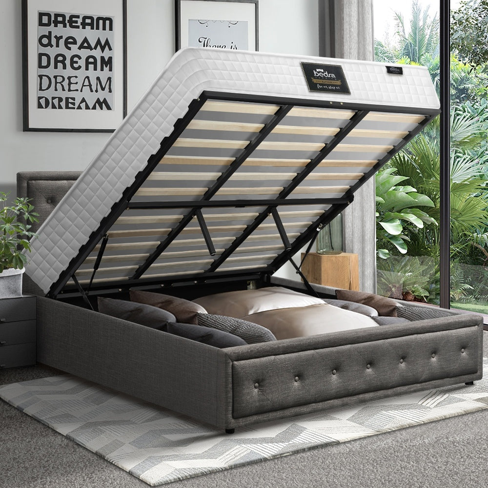 Oikiture Bed Frame with Mattress King Size Gas Lift Grey Fabric-Bed Frame-PEROZ Accessories