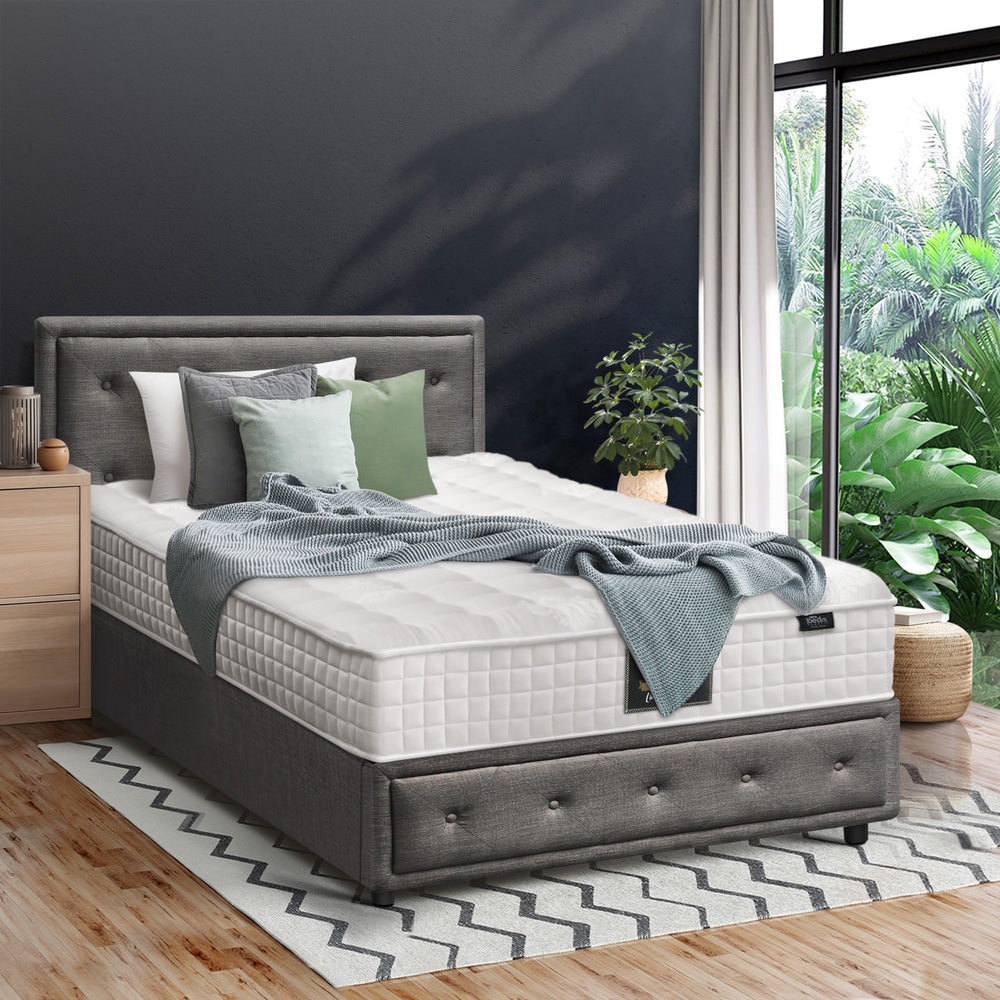 Oikiture Bed Frame with Mattress King Single Gas Lift Grey Fabric-Bed Frame-PEROZ Accessories