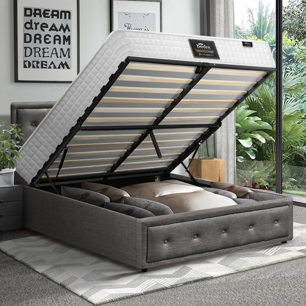 Oikiture Bed Frame with Mattress King Single Gas Lift Grey Fabric-Bed Frame-PEROZ Accessories