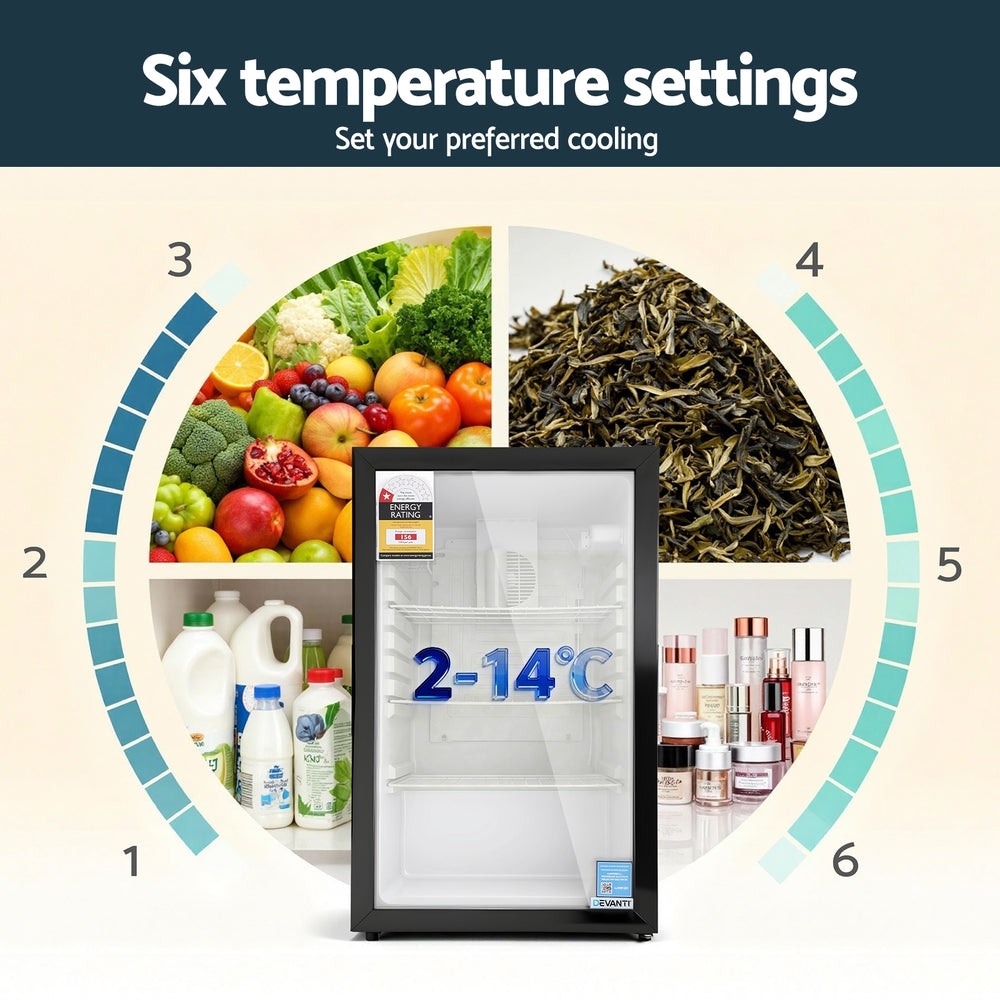 Devanti 105L Bar Fridge Glass Door Mini Fridge Countertop Cooler Black-Appliances > Fridges & Freezers > Fridges-PEROZ Accessories