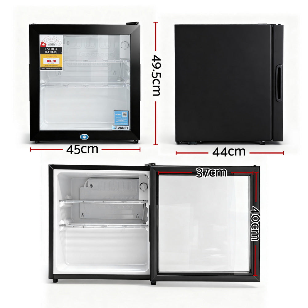 Devanti 40L Bar Fridge Glass Door Mini Fridge Countertop Cooler Black-Appliances > Fridges & Freezers > Fridges-PEROZ Accessories