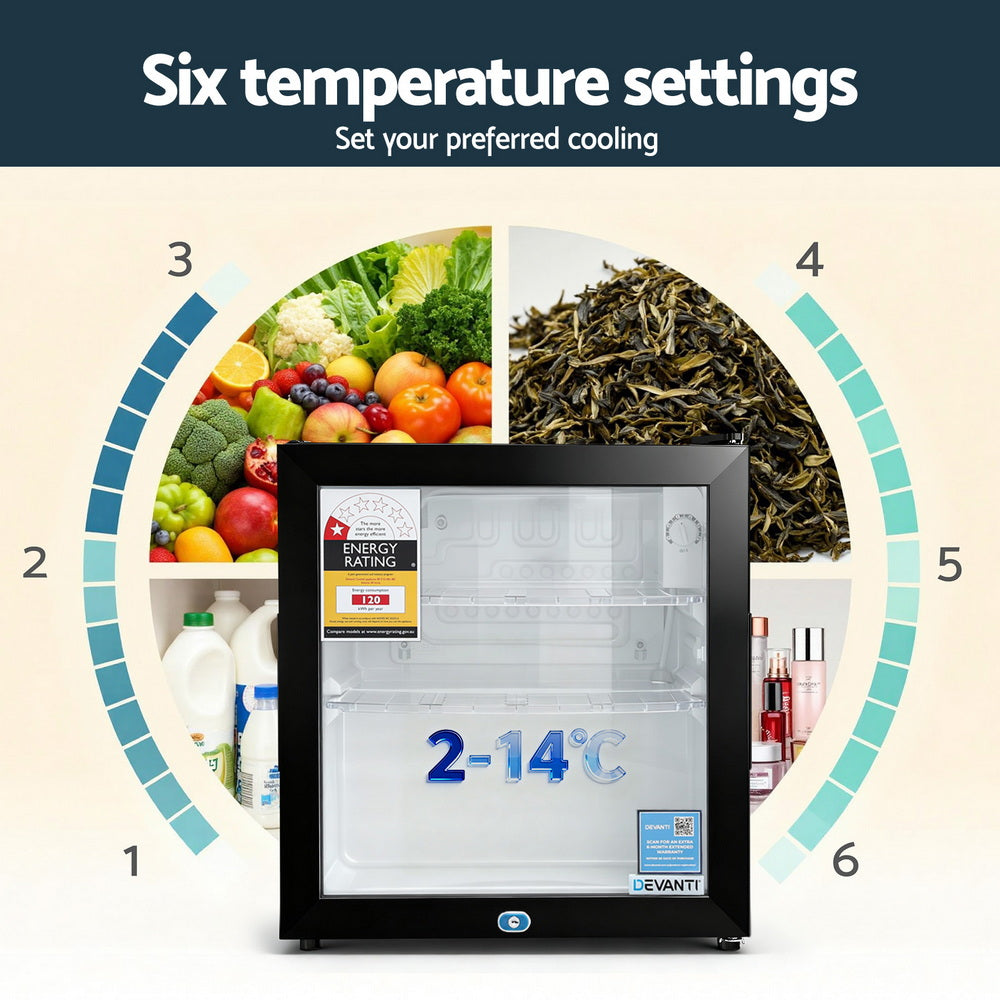 Devanti 40L Bar Fridge Glass Door Mini Fridge Countertop Cooler Black-Appliances > Fridges & Freezers > Fridges-PEROZ Accessories
