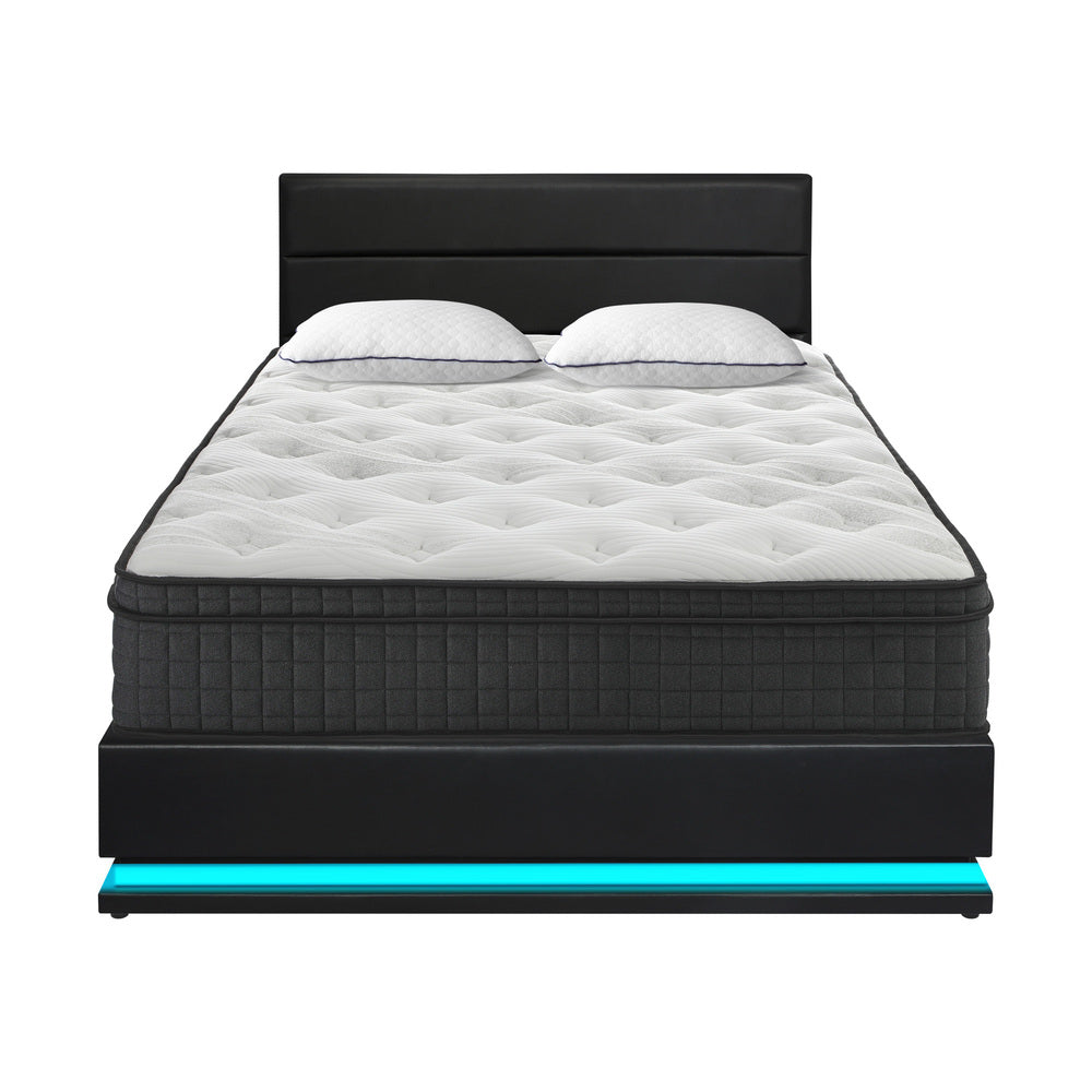 Oikiture Bed Frame with Mattress Double Size LED Gas Lift Black LAYZ-Bed Frame-PEROZ Accessories
