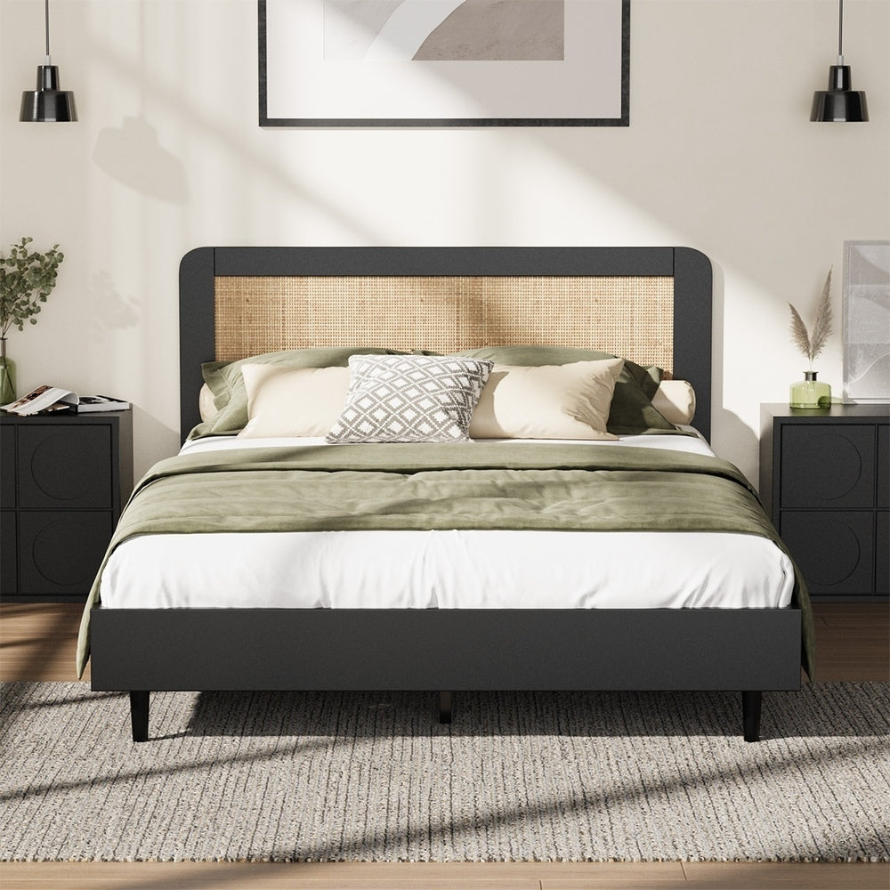 Oikiture Bed Frame Double Size Real Rattan Headboard Black-Bed Frames-PEROZ Accessories