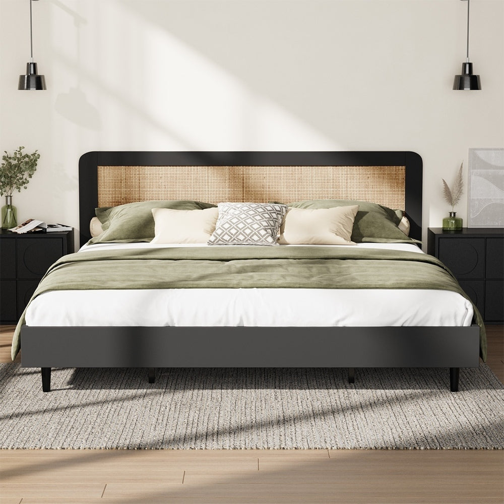 Oikiture Bed Frame King Size Real Rattan Headboard Black-Bed Frames-PEROZ Accessories