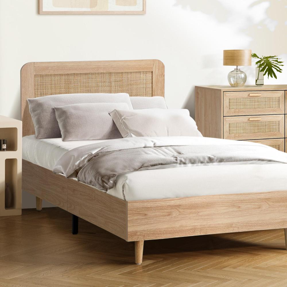 Oikiture Bed Frame King Single Size Wooden Bed Frame Rattan Headboard-Bed Frames-PEROZ Accessories
