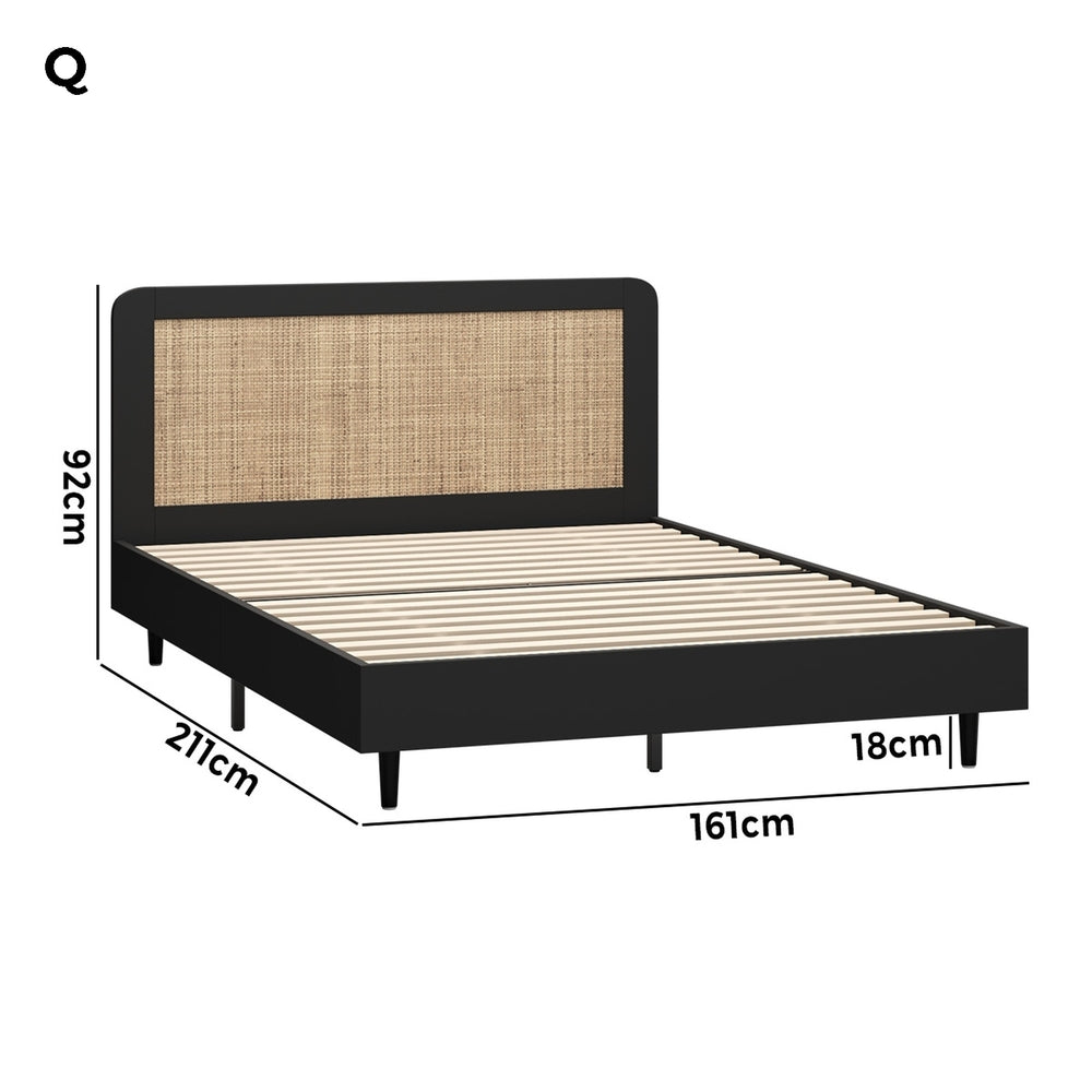 Oikiture Bed Frame Queen Size Real Rattan Headboard Black-Bed Frames-PEROZ Accessories