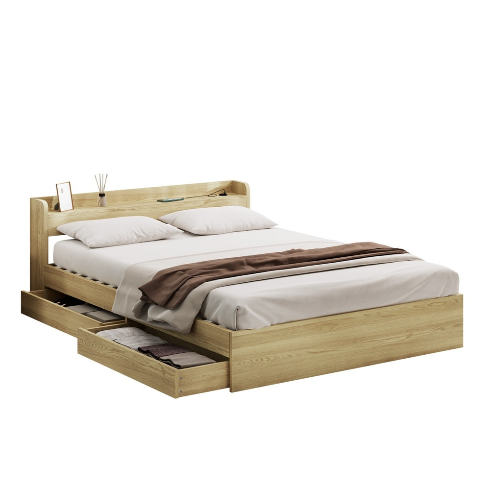 Oikiture Double Bed Frame with Charging Ports & 2 Drawers-Wooden Bed Frames-PEROZ Accessories