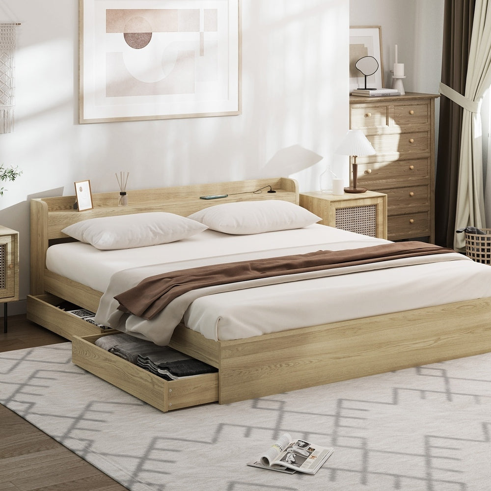 Oikiture King Bed Frame with Charging Ports 2 Drawers Natural-Bed Frame-PEROZ Accessories