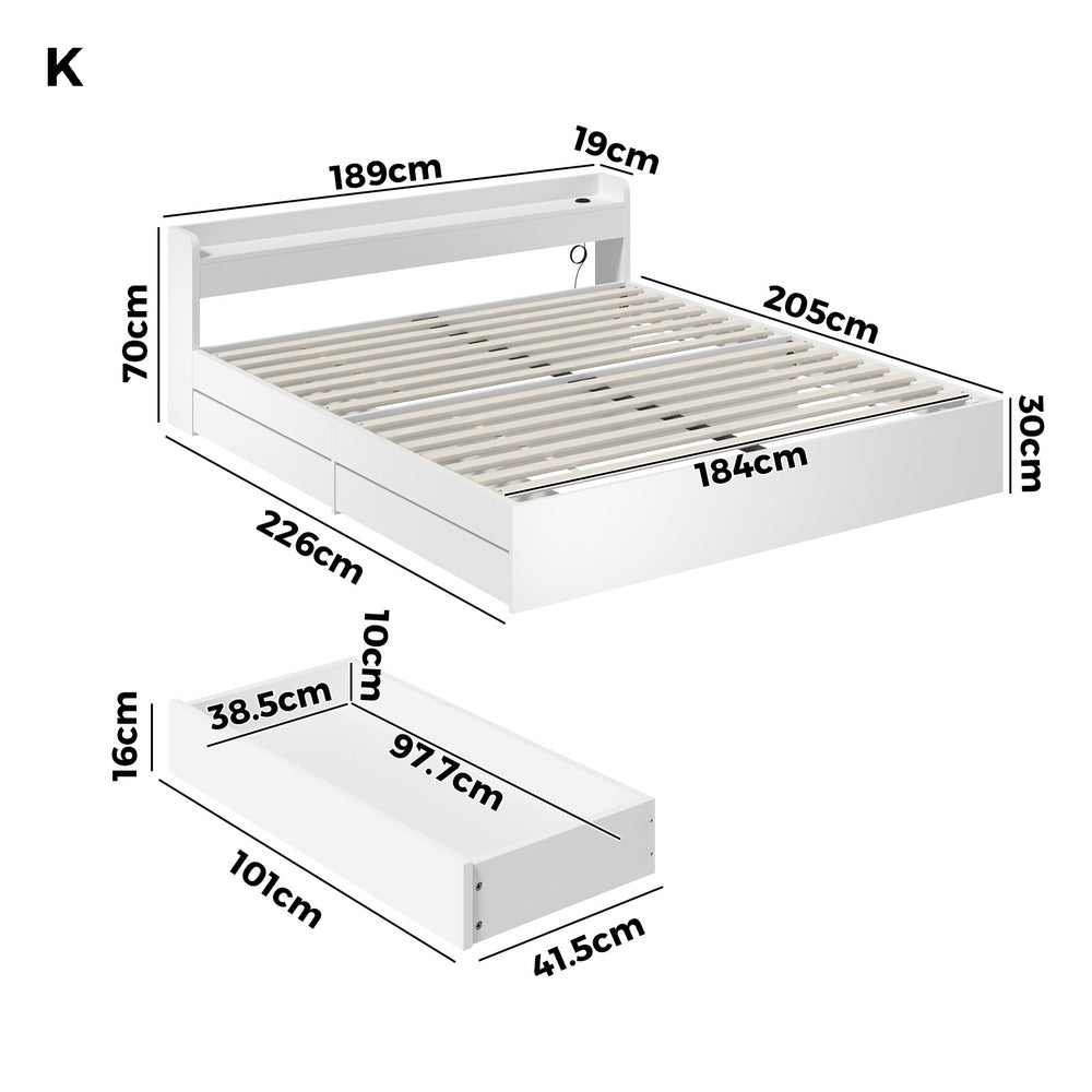 Oikiture Bed Frame King Size with Charging Ports 2 Drawers White-Bed Frame-PEROZ Accessories