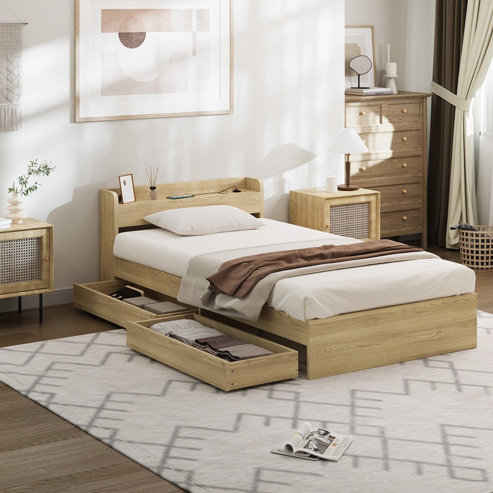 Oikiture King Single Bed Frame with Charging Ports & 2 Drawers-Wooden Bed Frames-PEROZ Accessories