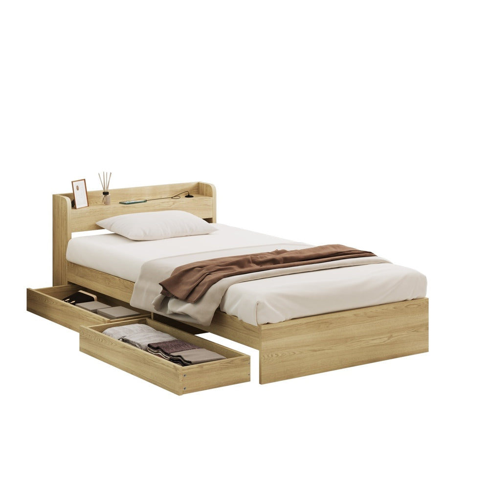 Oikiture King Single Bed Frame with Charging Ports & 2 Drawers-Wooden Bed Frames-PEROZ Accessories