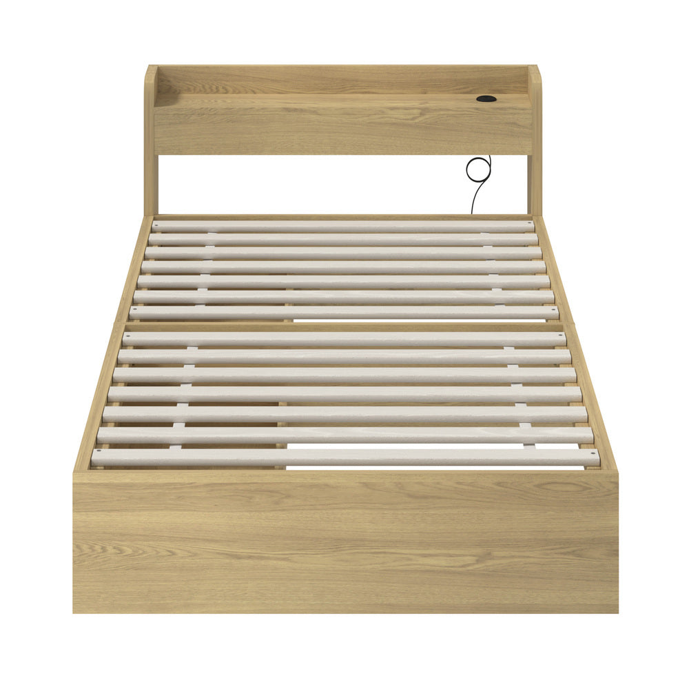 Oikiture King Single Bed Frame with Charging Ports & 2 Drawers-Wooden Bed Frames-PEROZ Accessories