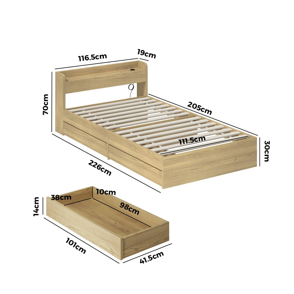Oikiture King Single Bed Frame with Charging Ports & 2 Drawers-Wooden Bed Frames-PEROZ Accessories