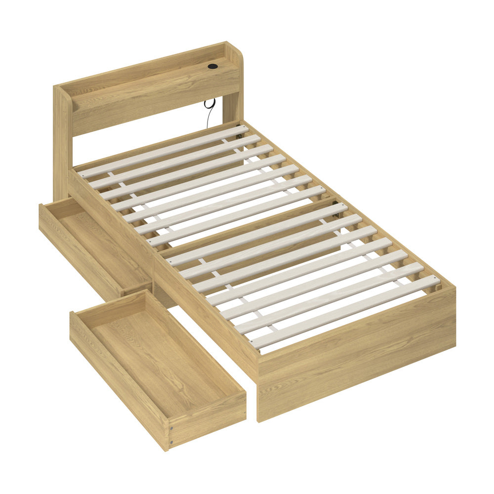 Oikiture King Single Bed Frame with Charging Ports & 2 Drawers-Wooden Bed Frames-PEROZ Accessories