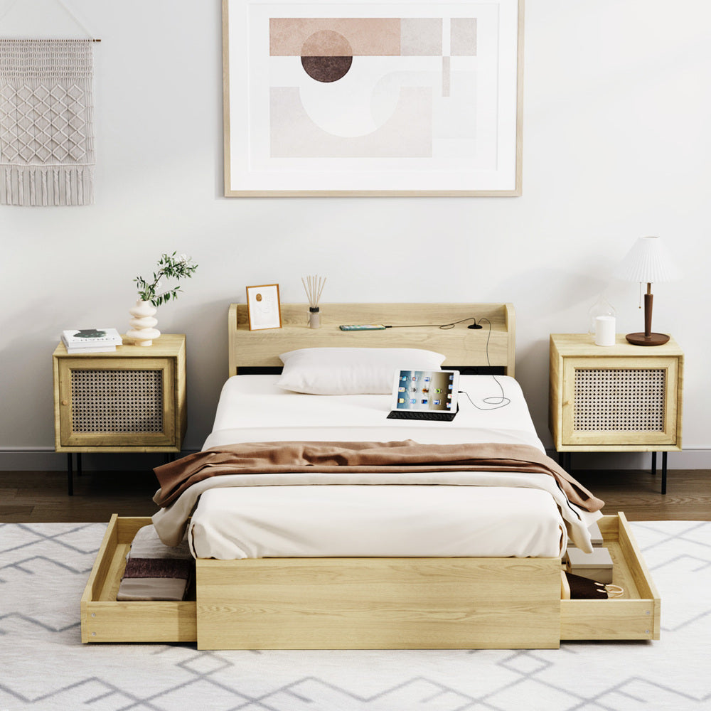 Oikiture King Single Bed Frame with Charging Ports 2 Drawers-Bed Frame-PEROZ Accessories