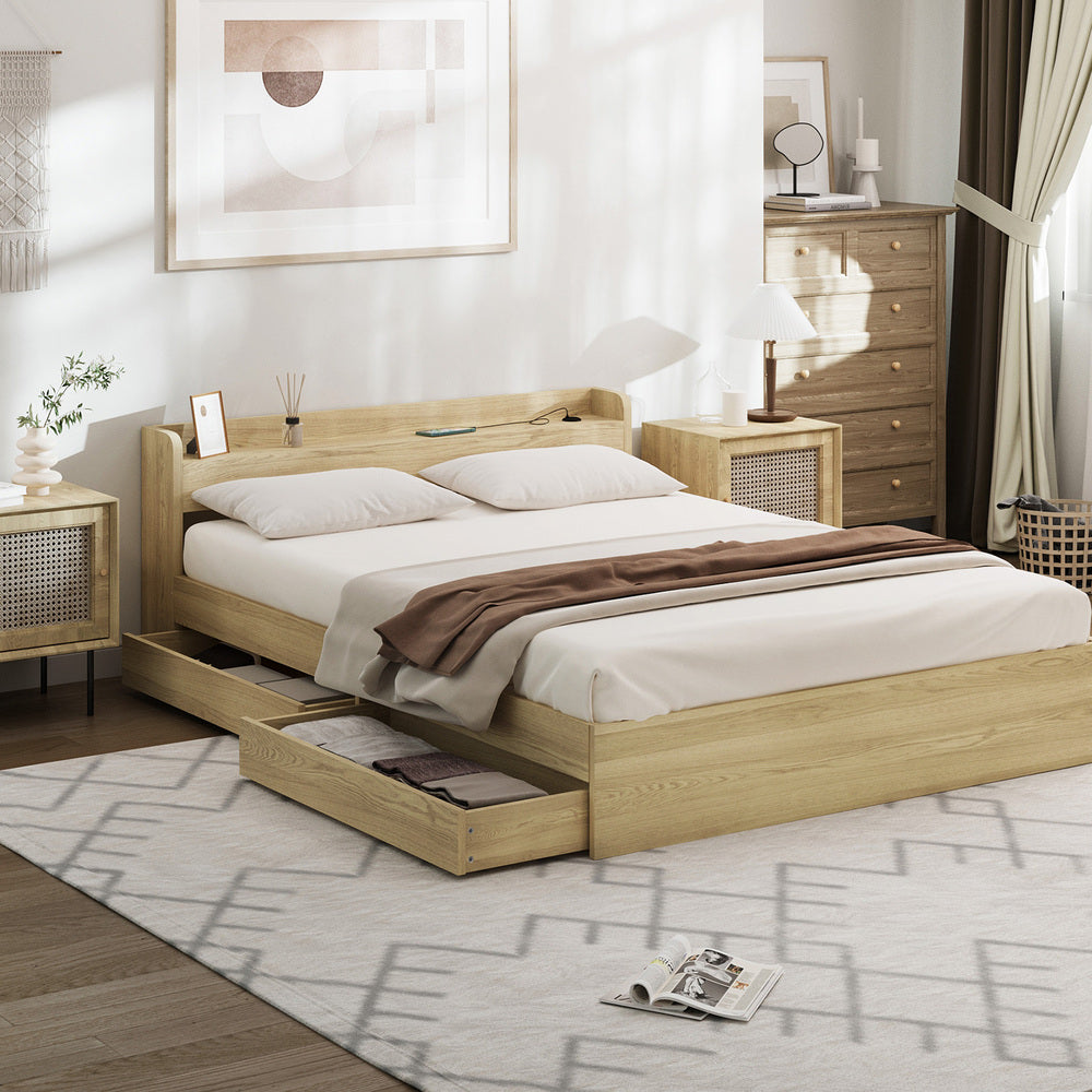 Oikiture Queen Bed Frame with Charging Ports & 2 Drawers-Wooden Bed Frames-PEROZ Accessories