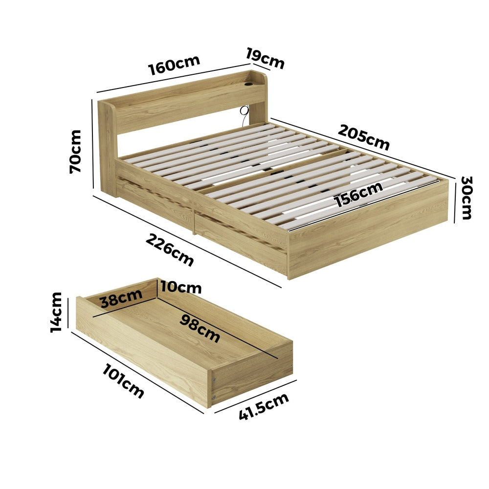Oikiture Queen Bed Frame with Charging Ports & 2 Drawers-Wooden Bed Frames-PEROZ Accessories