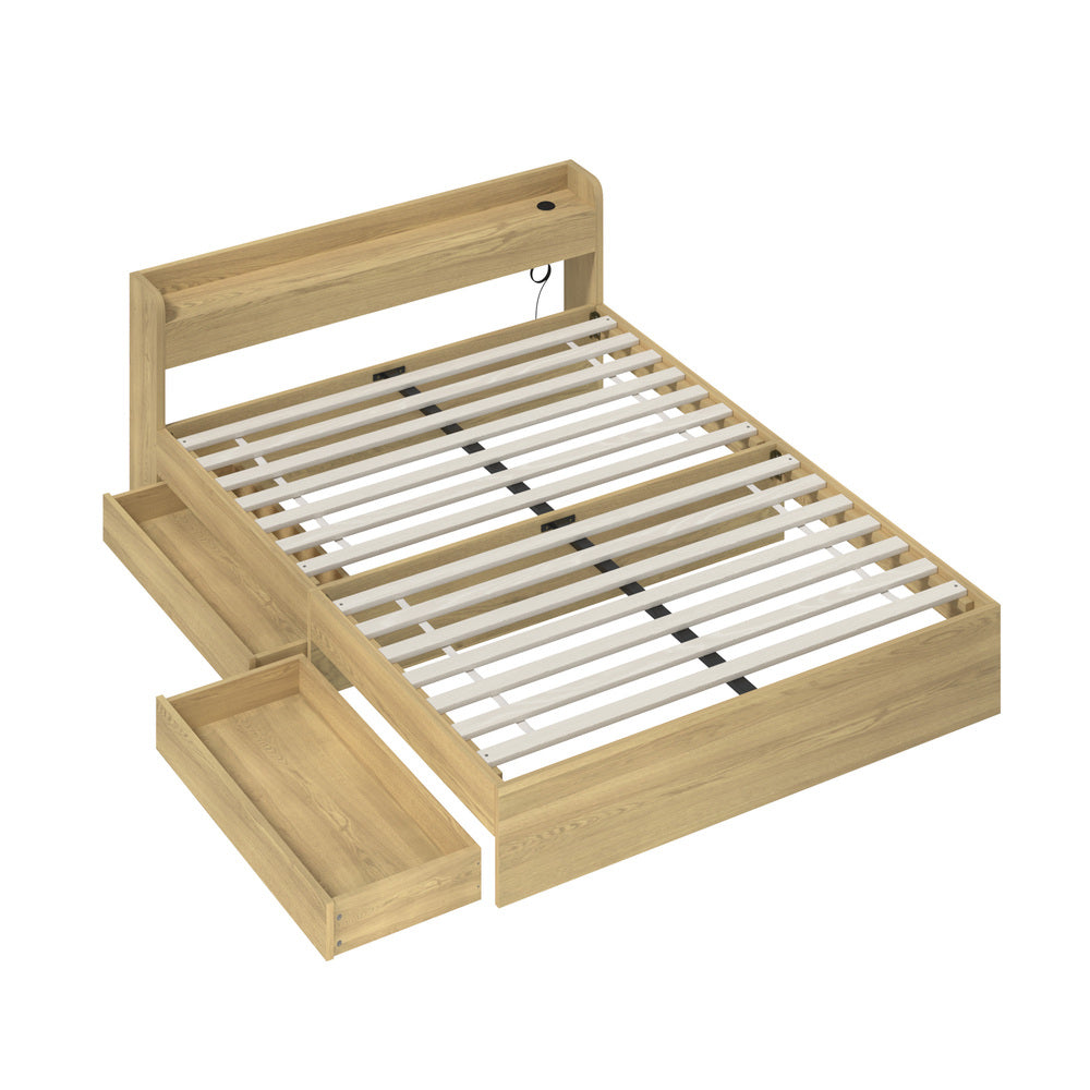 Oikiture Queen Bed Frame with Charging Ports & 2 Drawers-Wooden Bed Frames-PEROZ Accessories