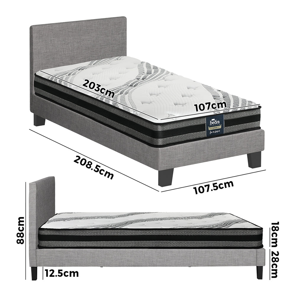 Oikiture Bed Frame with King Single Size Mattress Set Grey Fabric-Bed Frame-PEROZ Accessories