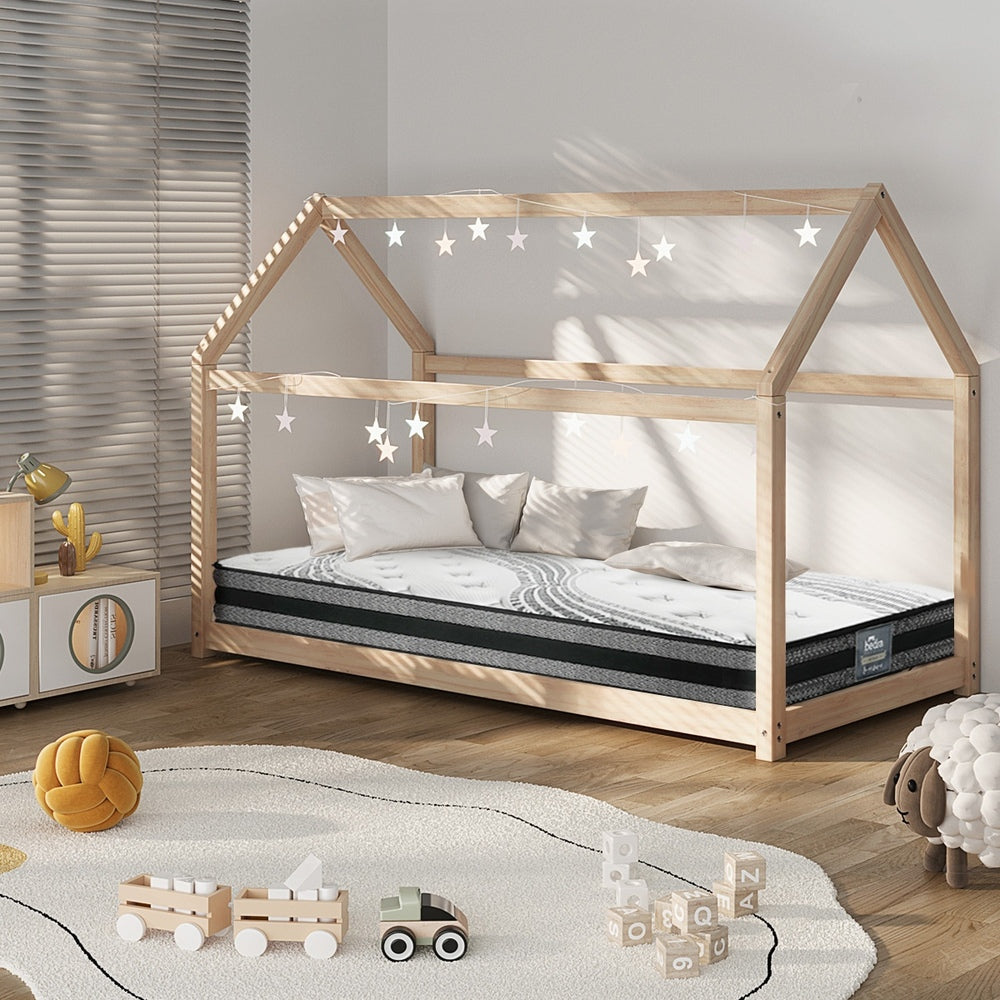 Oikiture Kids Bed Frame With Single Mattress Set House Style Wooden-Wooden Bed Frames-PEROZ Accessories
