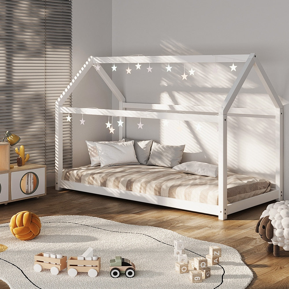 Oikiture Bed Frame Single Wooden Timber House Style Mattress Base Platform White-Bed Frames-PEROZ Accessories
