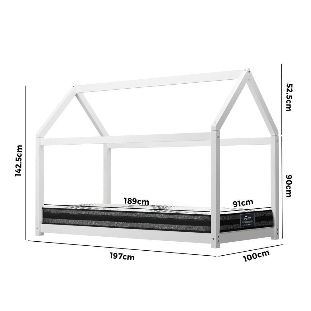 Oikiture Kids Bed Frame With Single Mattress Set House Style White-Wooden Bed Frames-PEROZ Accessories