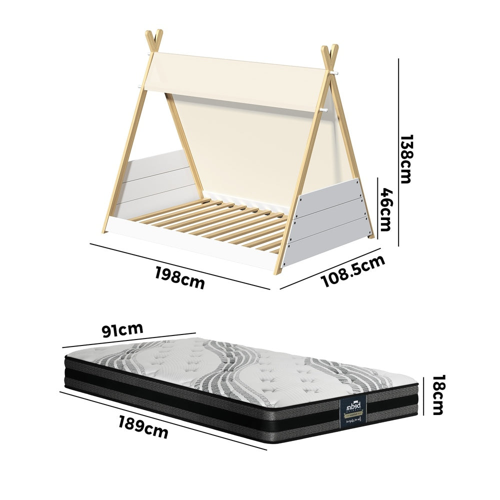 Oikiture Kids Bed Frame and Mattress Single House Teepee Triangle Beds-Wooden Bed Frame-PEROZ Accessories