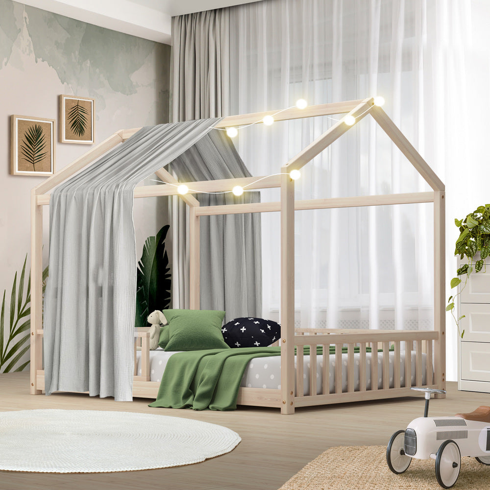 Oikiture Kids Wooden Bed Frame Double Size House Platform Natural-Wooden Bed Frame-PEROZ Accessories