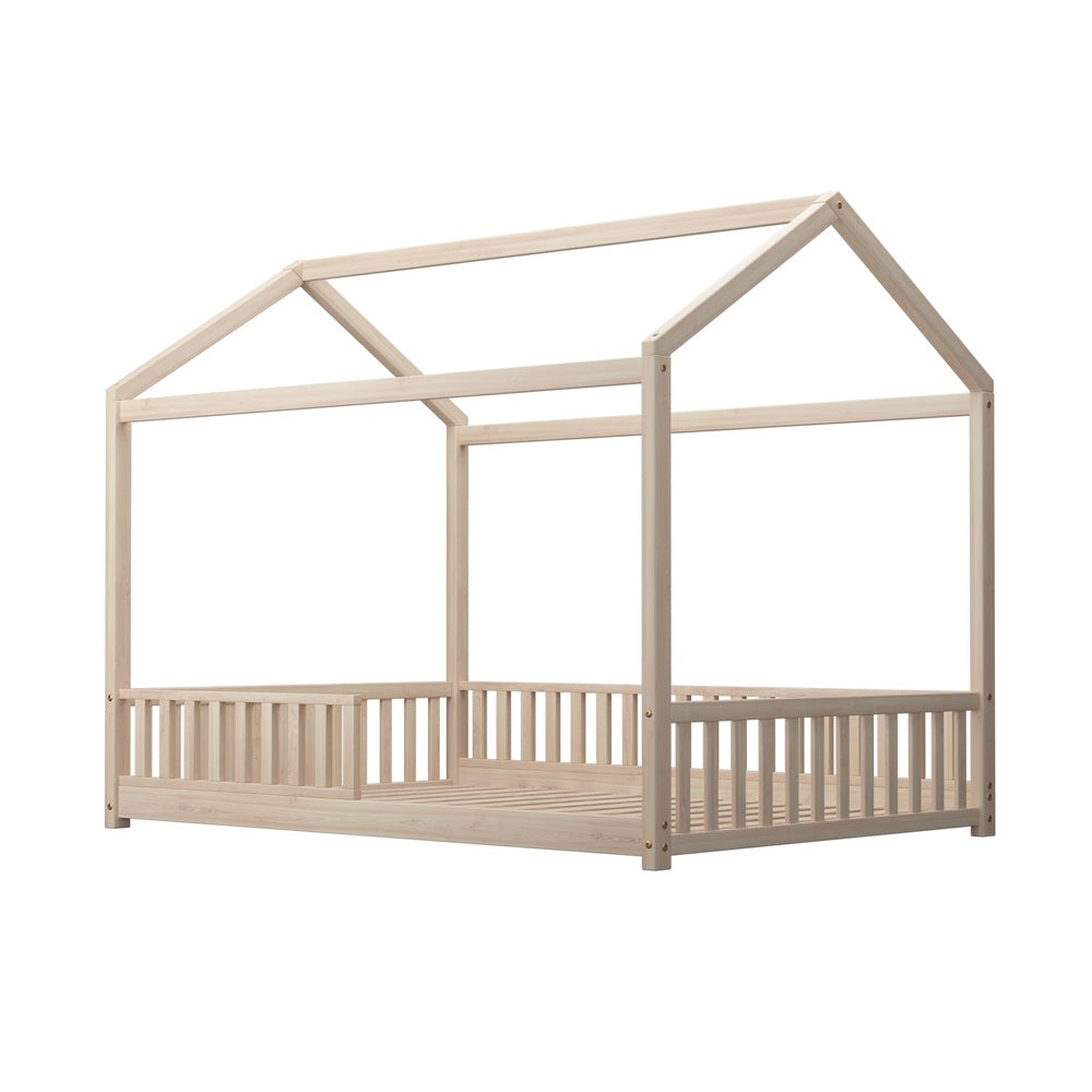 Oikiture Kids Wooden Bed Frame Double Size House Platform Natural-Wooden Bed Frame-PEROZ Accessories