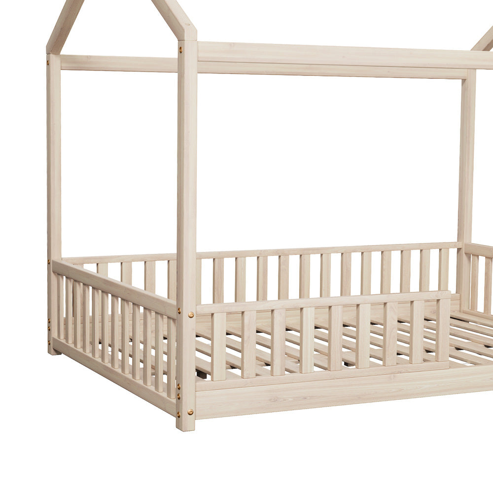 Oikiture Kids Wooden Bed Frame Double Size House Platform Natural-Wooden Bed Frame-PEROZ Accessories
