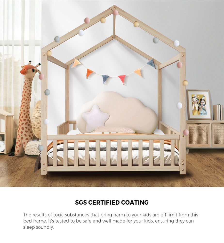 Oikiture Kids Wooden Bed Frame Double Size House Platform Natural-Wooden Bed Frame-PEROZ Accessories