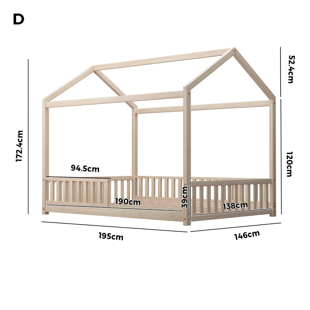 Oikiture Kids Wooden Bed Frame Double Size House Platform Natural-Wooden Bed Frame-PEROZ Accessories