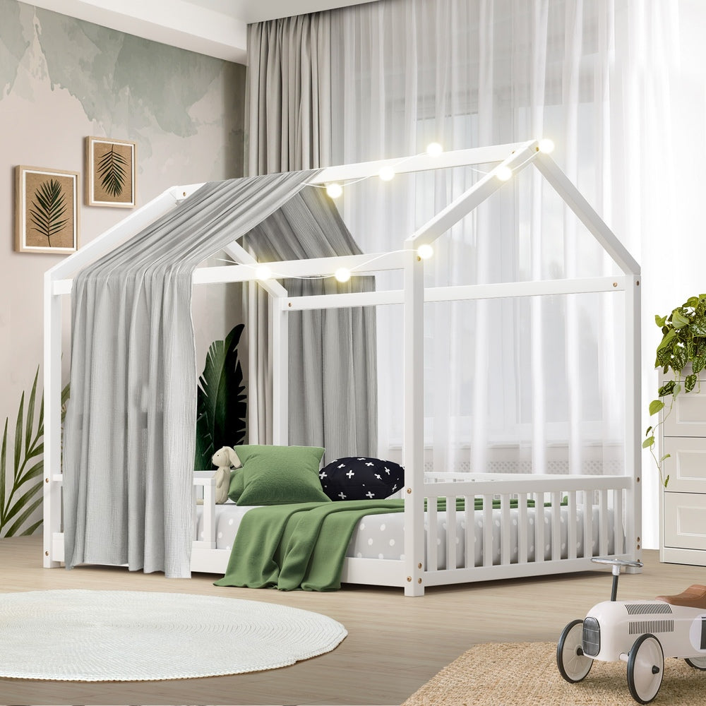 Oikiture Kids Wooden Bed Frame House Beds Platform Double White Timber Pine-Wooden Bed Frames-PEROZ Accessories